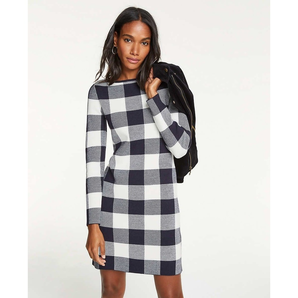 Ann Taylor Sweater Dress Sz Small Black/White Buffalo Plaid Wool Blend‎ NWT $149